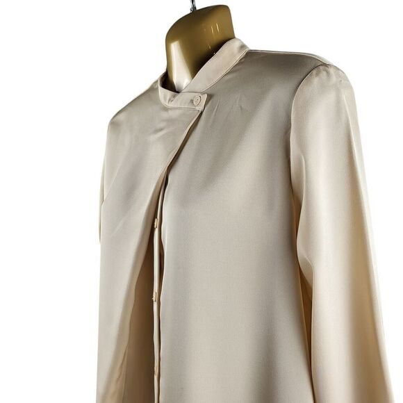 NEW MOTF X-Small Peach Beige Mock Neck Blouse Yoke Box Pleat Shirt tail Office - Picture 7 of 15